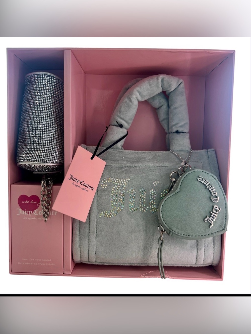 Juicy Couture Mint Logo Satchel Set, Rhinestone Pouch + Heart Coin Pouch NIB